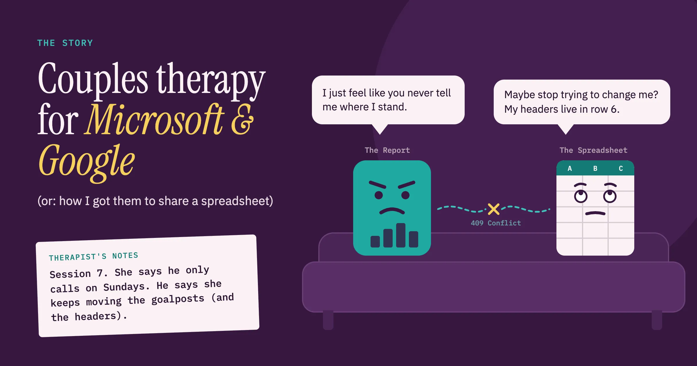 Illustration of a grumpy teal report character and an eye-rolling spreadsheet character sitting at opposite ends of a couch in couples therapy, with a broken connection between them labelled 409 Conflict.